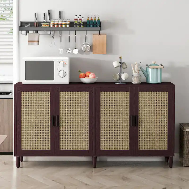 Credenza funzionale a 4 ante in rattan decorativo