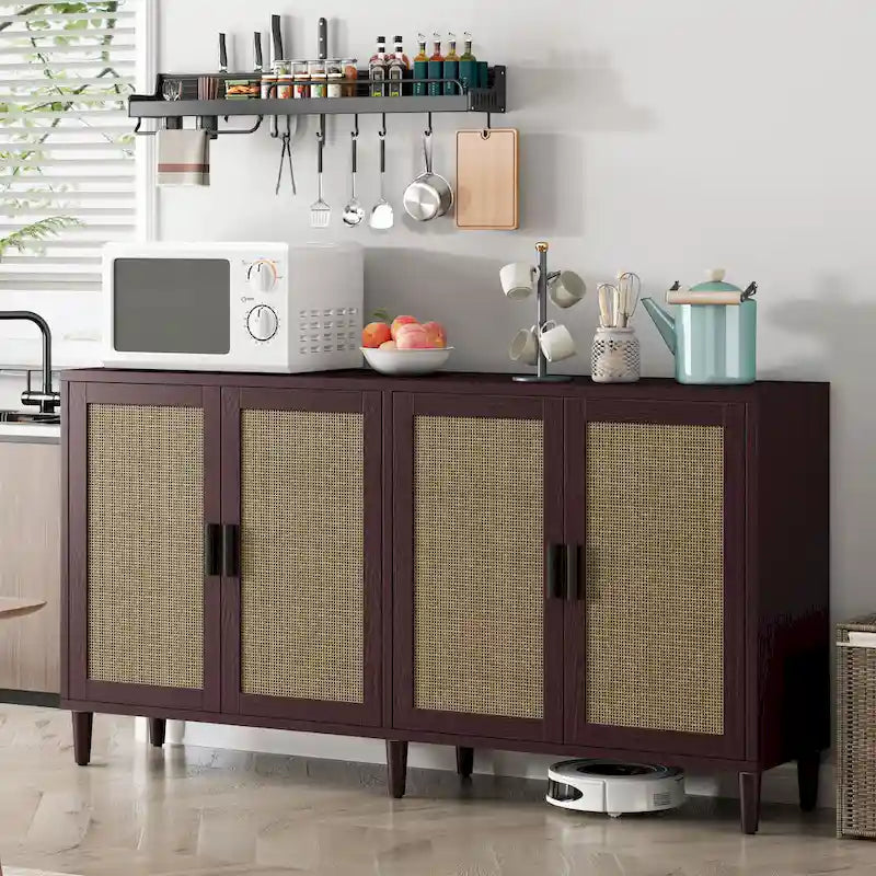 Credenza funzionale a 4 ante in rattan decorativo