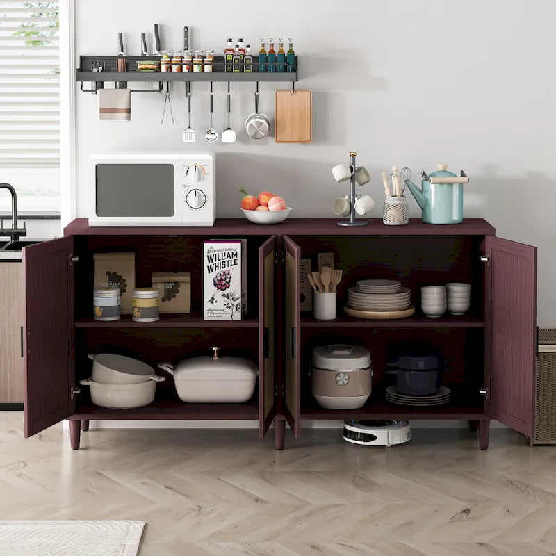 Credenza funzionale a 4 ante in rattan decorativo