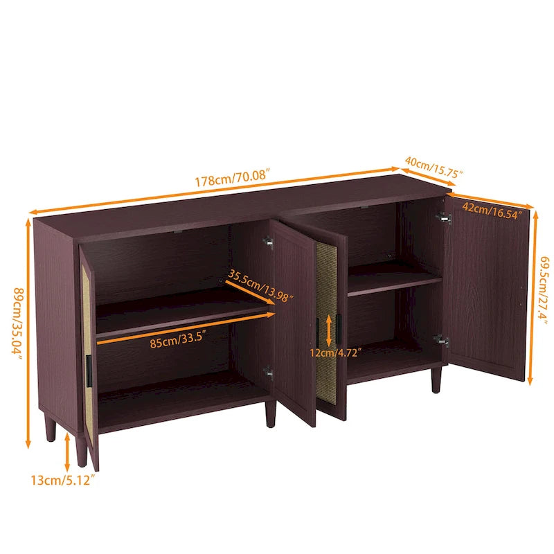Credenza funzionale a 4 ante in rattan decorativo