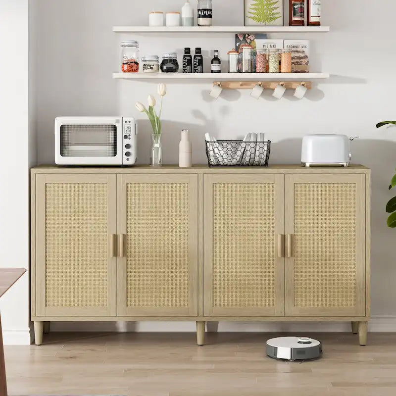 Credenza funzionale a 4 ante in rattan decorativo