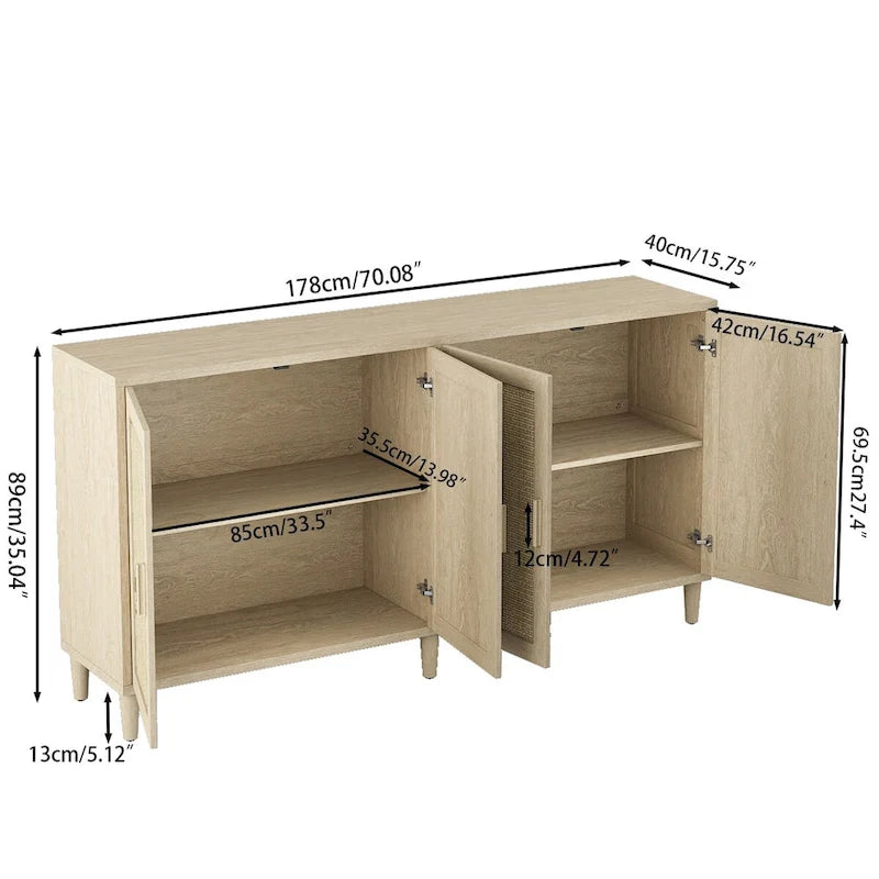 Credenza funzionale a 4 ante in rattan decorativo