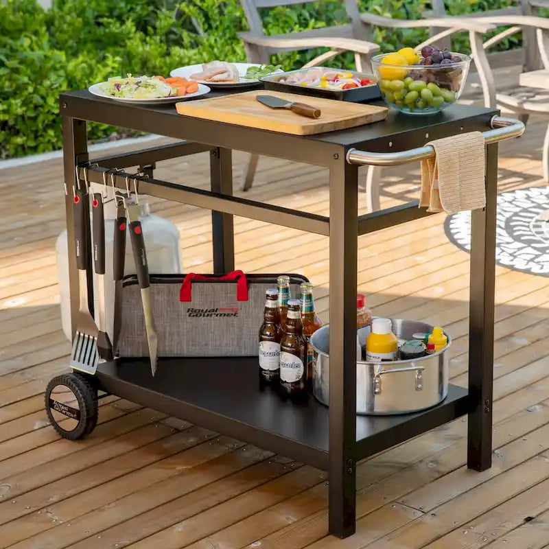 Royal Gourmet Carrello da Pranzo Mobile con Doppio Ripiano, Tavolo da Lavoro con Maniglia, Nero