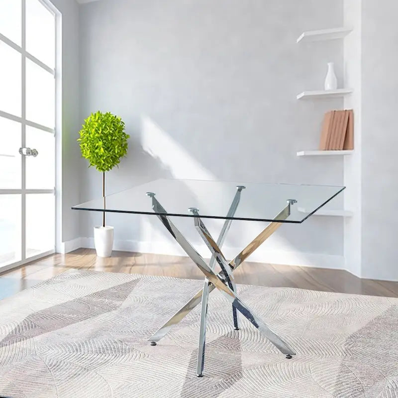 Tavolo da Pranzo Contemporaneo Quadrato con Piano in Vetro Temperato Trasparente e Gambe in Acciaio Inossidabile con Finitura Argento