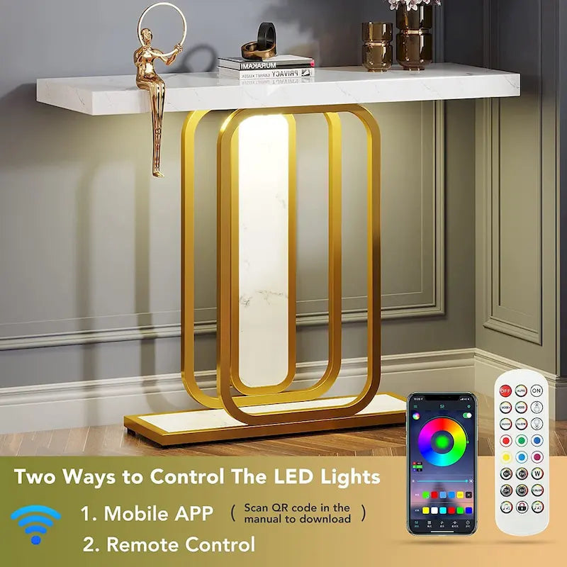41.3 Tavolo consolle con luci LED, tavolo d'ingresso/corridoio moderno color oro e bianco