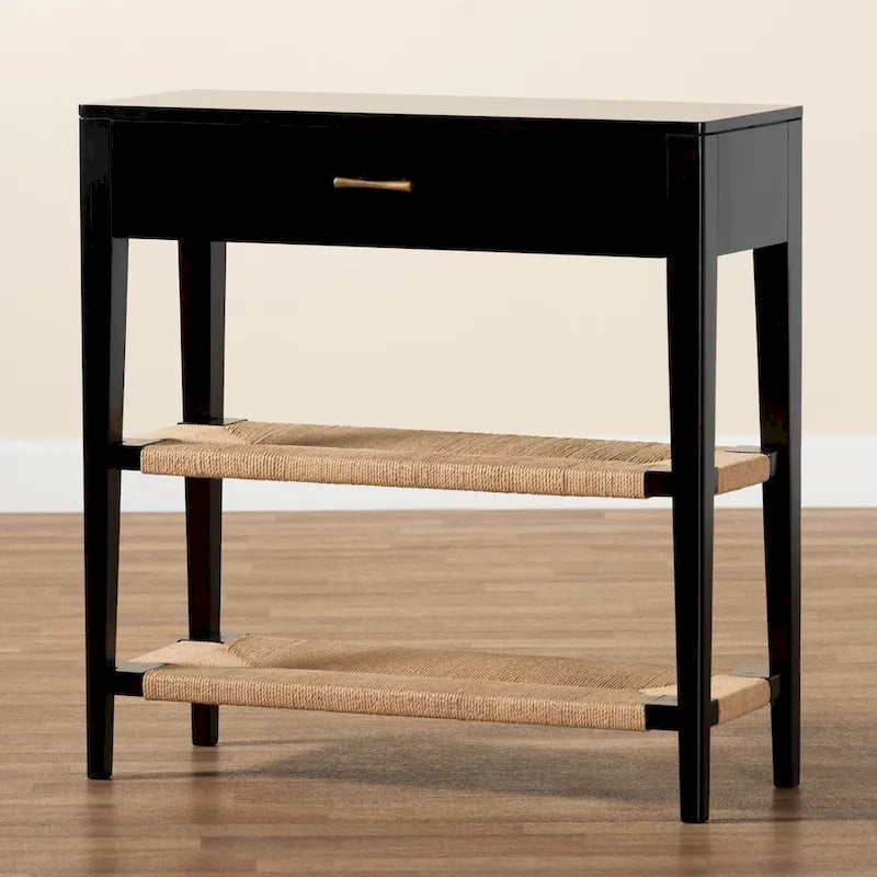Freya Tavolo Consolle 1 Cassetto in Legno di Bayur, Stile Bohemien Moderno - Nero