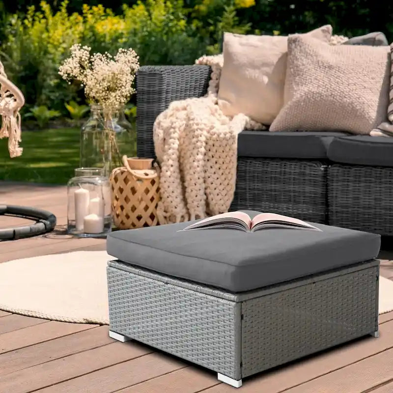 2 Pezzi Pouf Esterno da Giardino in Rattan Grigio con Cuscino