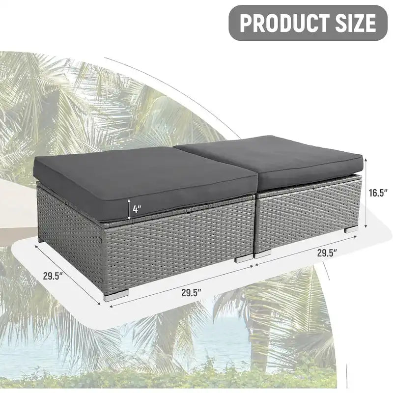 2 Pezzi Pouf Esterno da Giardino in Rattan Grigio con Cuscino