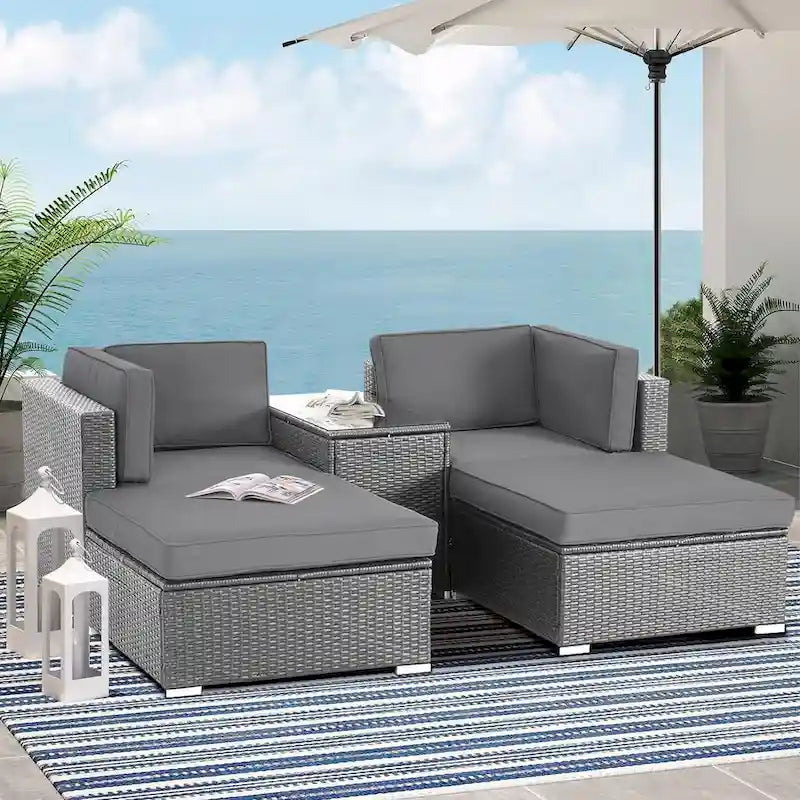 2 Pezzi Pouf Esterno da Giardino in Rattan Grigio con Cuscino