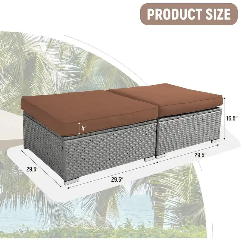 2 Pezzi Pouf Esterno da Giardino in Rattan Grigio con Cuscino