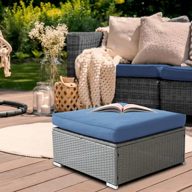 2 Pezzi Pouf Esterno da Giardino in Rattan Grigio con Cuscino