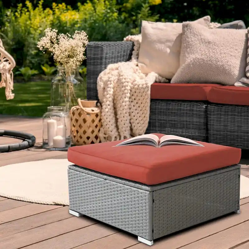 2 Pezzi Pouf Esterno da Giardino in Rattan Grigio con Cuscino
