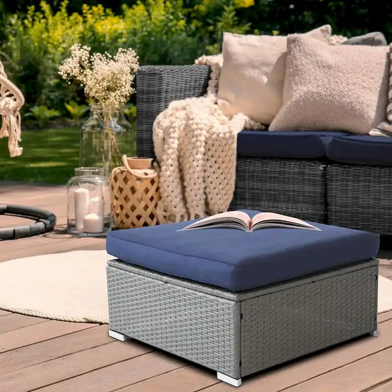 2 Pezzi Pouf Esterno da Giardino in Rattan Grigio con Cuscino