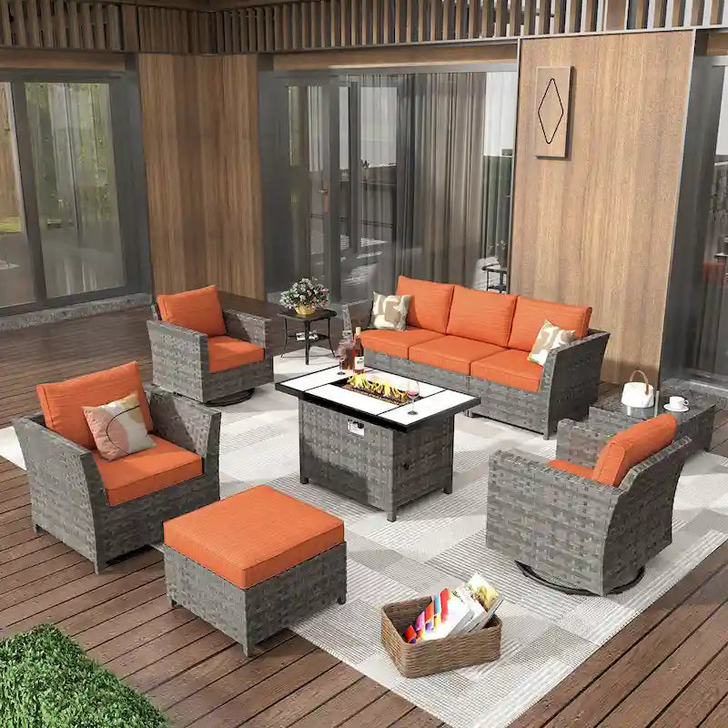 HOOOWOOO 10-piece Wicker Patio Furniture Outdoor Sectional Sofa Set with Fire Pit