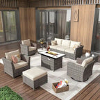 HOOOWOOO Set da 10 Pezzi di Mobili da Giardino in Vimini con Divano Sezionale da Esterno e Braciere