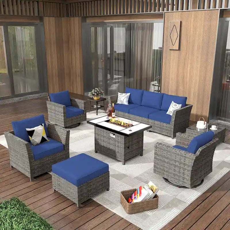 HOOOWOOO Set da 10 Pezzi di Mobili da Giardino in Vimini con Divano Sezionale da Esterno e Braciere