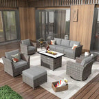 HOOOWOOO Set da 10 Pezzi di Mobili da Giardino in Vimini con Divano Sezionale da Esterno e Braciere