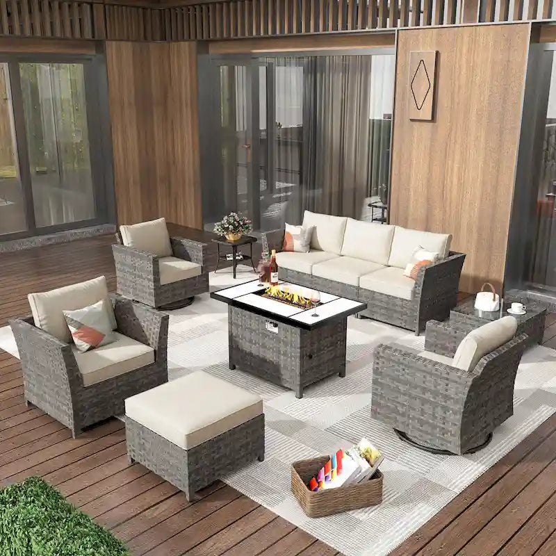 HOOOWOOO Set da 10 Pezzi di Mobili da Giardino in Vimini con Divano Sezionale da Esterno e Braciere