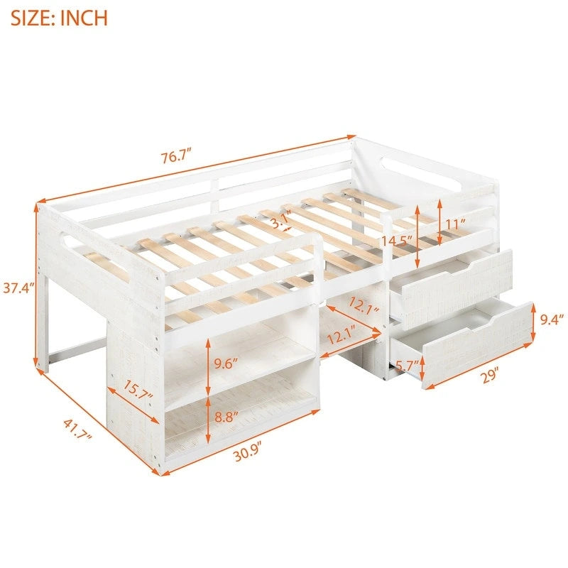 Letto a soppalco singolo con contenitore e cassetti, Struttura letto a soppalco bassa con 2 ripiani e 2 cassetti, Nessuna molla necessaria
