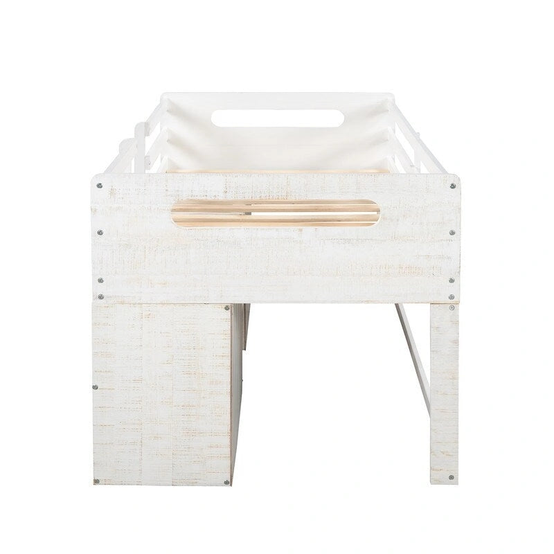 Letto a soppalco singolo con contenitore e cassetti, Struttura letto a soppalco bassa con 2 ripiani e 2 cassetti, Nessuna molla necessaria