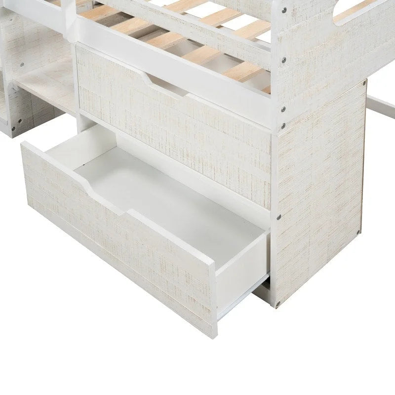 Letto a soppalco singolo con contenitore e cassetti, Struttura letto a soppalco bassa con 2 ripiani e 2 cassetti, Nessuna molla necessaria