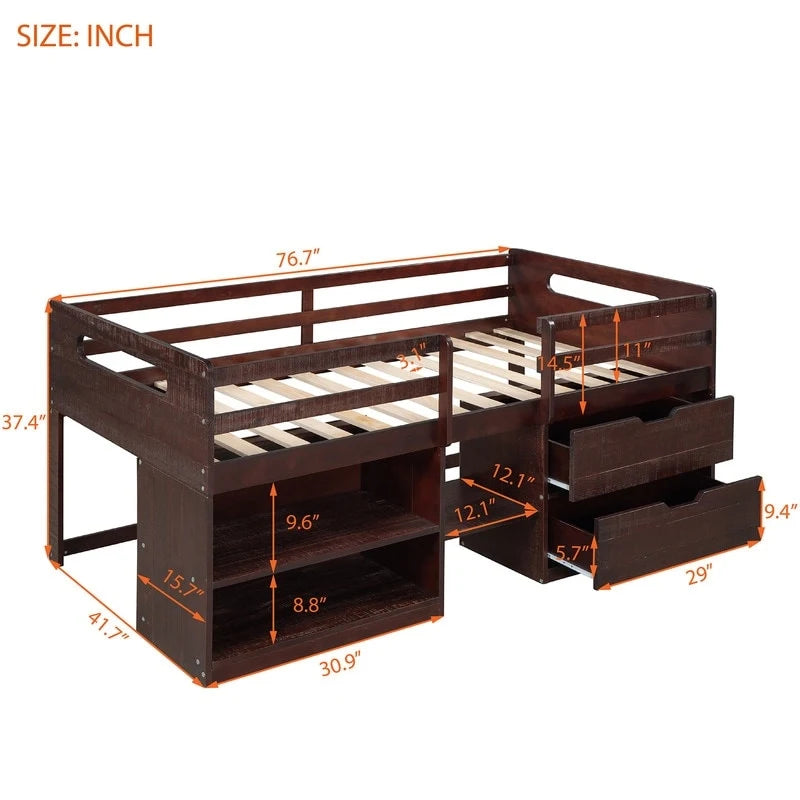 Letto a soppalco singolo con contenitore e cassetti, Struttura letto a soppalco bassa con 2 ripiani e 2 cassetti, Nessuna molla necessaria