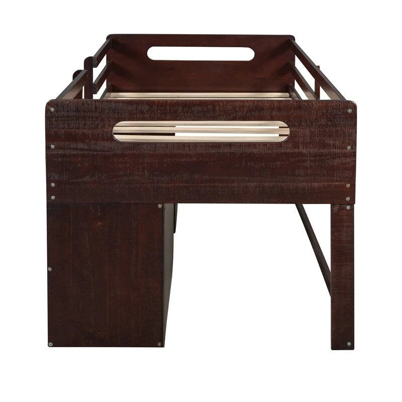Letto a soppalco singolo con contenitore e cassetti, Struttura letto a soppalco bassa con 2 ripiani e 2 cassetti, Nessuna molla necessaria