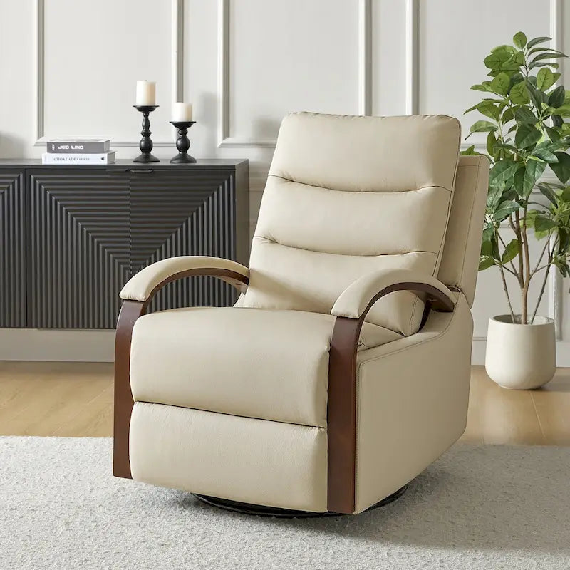 Poltrona reclinabile manuale girevole a dondolo Leopold Modern in vera pelle con braccioli in legno di HULALA HOME