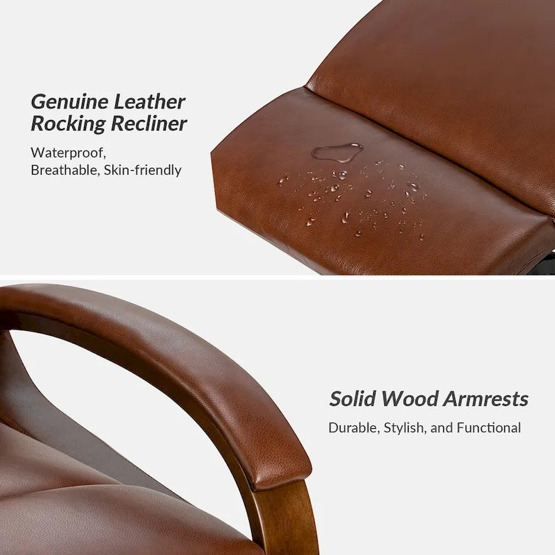 Poltrona reclinabile manuale girevole a dondolo Leopold Modern in vera pelle con braccioli in legno di HULALA HOME