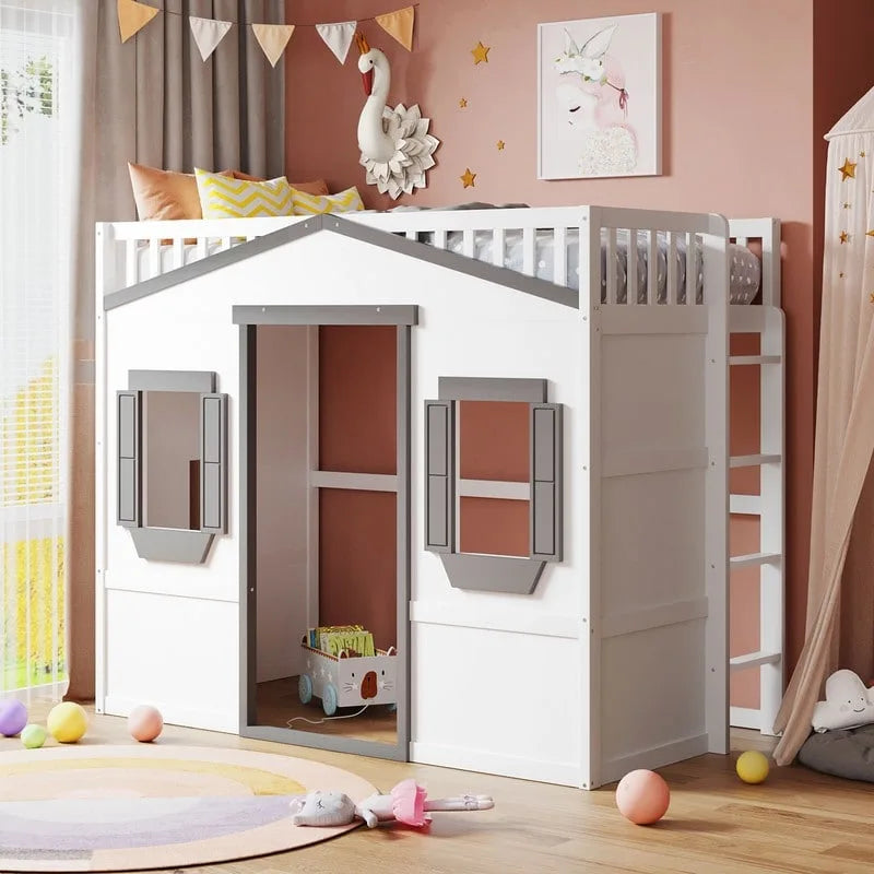 Letto a soppalco a castello per bambini con finestra e scaletta, in legno massello