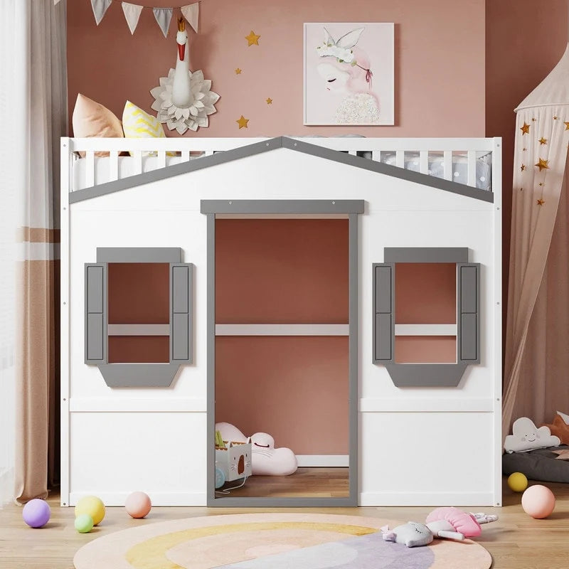 Letto a soppalco a castello per bambini con finestra e scaletta, in legno massello