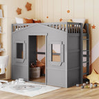 Letto a soppalco a castello per bambini con finestra e scaletta, in legno massello