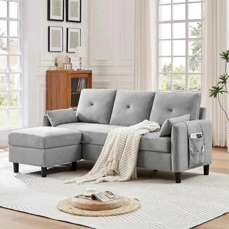 Divano componibile moderno da 77,36 pollici con pouf reversibile e tasca portaoggetti laterale
