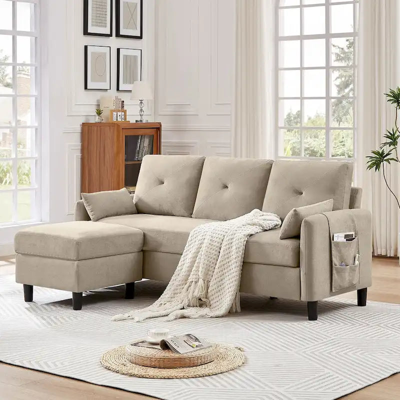Divano componibile moderno da 77,36 pollici con pouf reversibile e tasca portaoggetti laterale