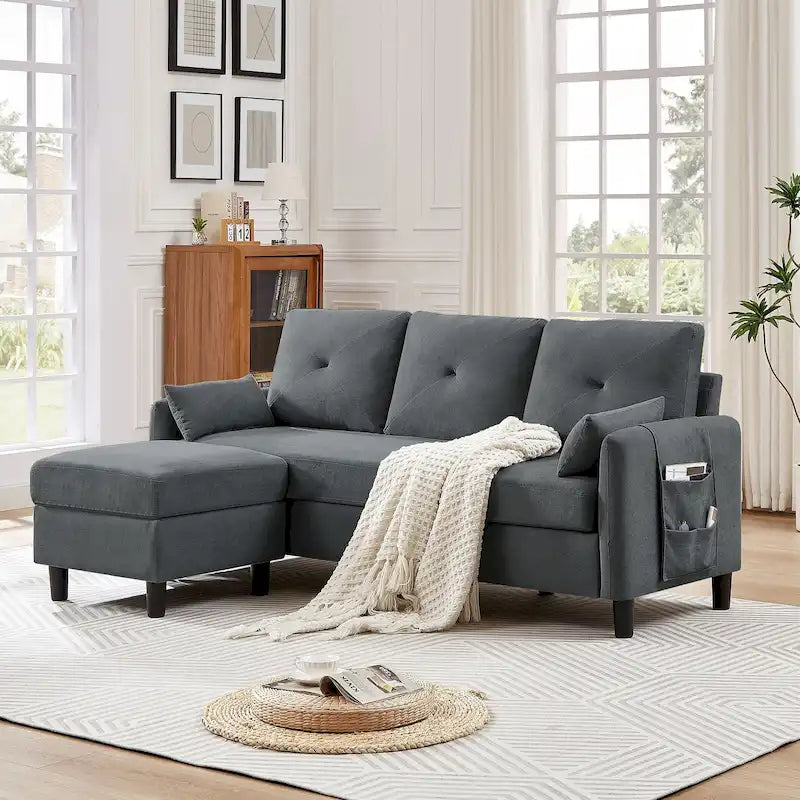 Divano componibile moderno da 77,36 pollici con pouf reversibile e tasca portaoggetti laterale