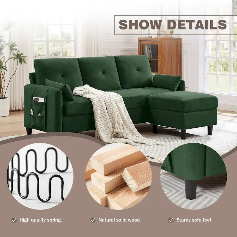 Divano componibile moderno da 77,36 pollici con pouf reversibile e tasca portaoggetti laterale