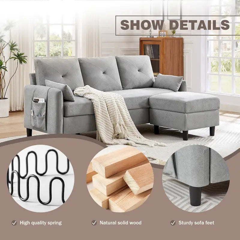 Divano componibile moderno da 77,36 pollici con pouf reversibile e tasca portaoggetti laterale