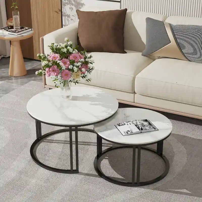 Round Sofa Nesting Coffee Table Sintered Stone Set of 2