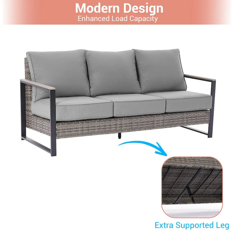 Set da Patio in Rattan per Esterni da 7 Pezzi con Divano a 3 Posti, Cuscini Spessi, Tavolino da Caffè e Telaio Robusto