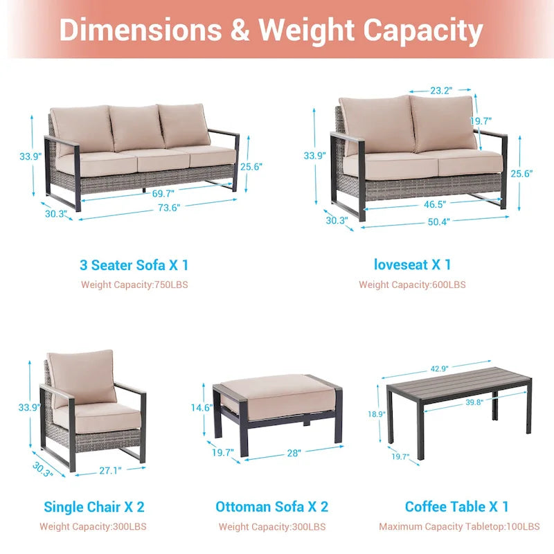 Set da Patio in Rattan per Esterni da 7 Pezzi con Divano a 3 Posti, Cuscini Spessi, Tavolino da Caffè e Telaio Robusto