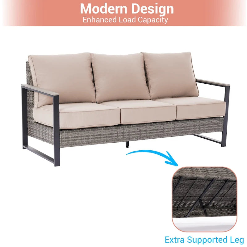 Set da Patio in Rattan per Esterni da 7 Pezzi con Divano a 3 Posti, Cuscini Spessi, Tavolino da Caffè e Telaio Robusto