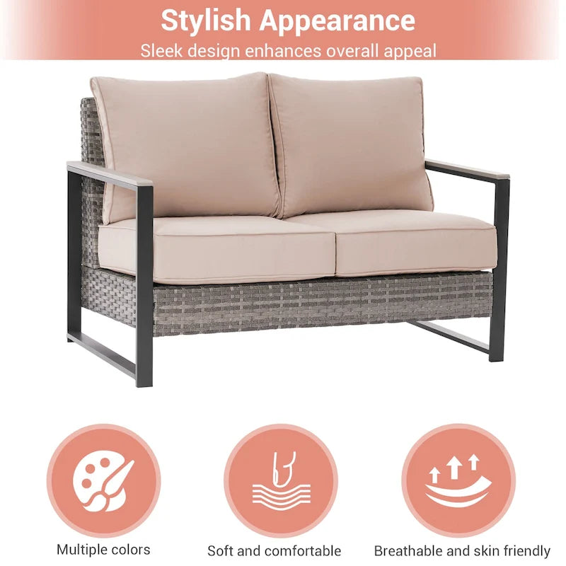 Set da Patio in Rattan per Esterni da 7 Pezzi con Divano a 3 Posti, Cuscini Spessi, Tavolino da Caffè e Telaio Robusto