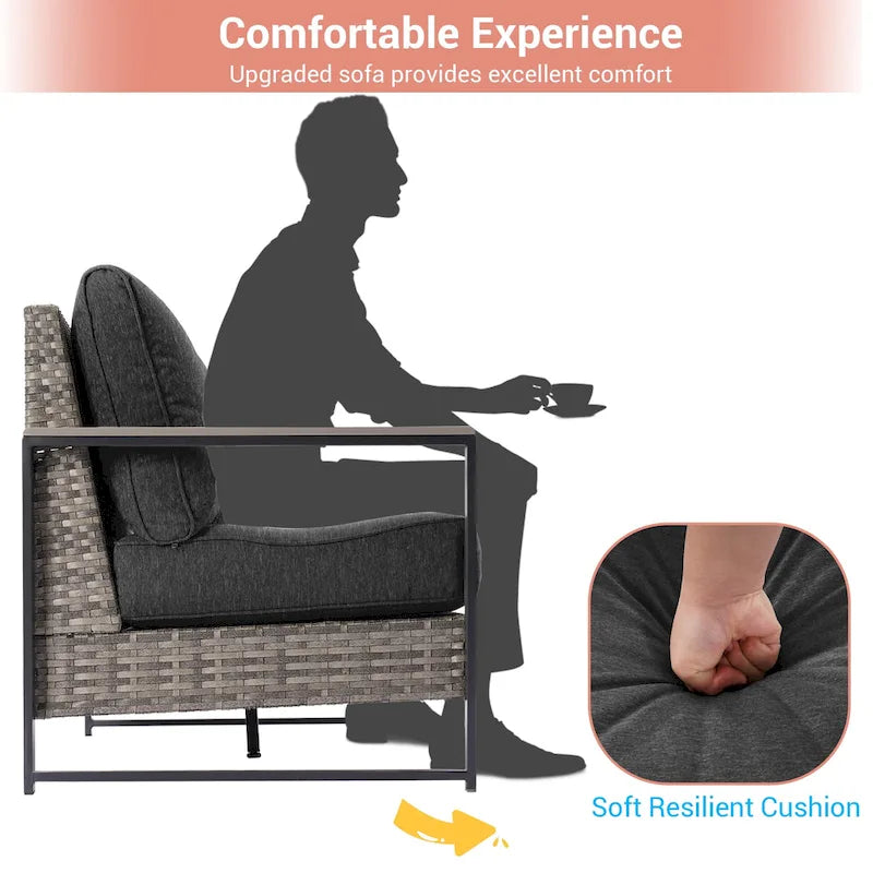 Set da Patio in Rattan per Esterni da 7 Pezzi con Divano a 3 Posti, Cuscini Spessi, Tavolino da Caffè e Telaio Robusto