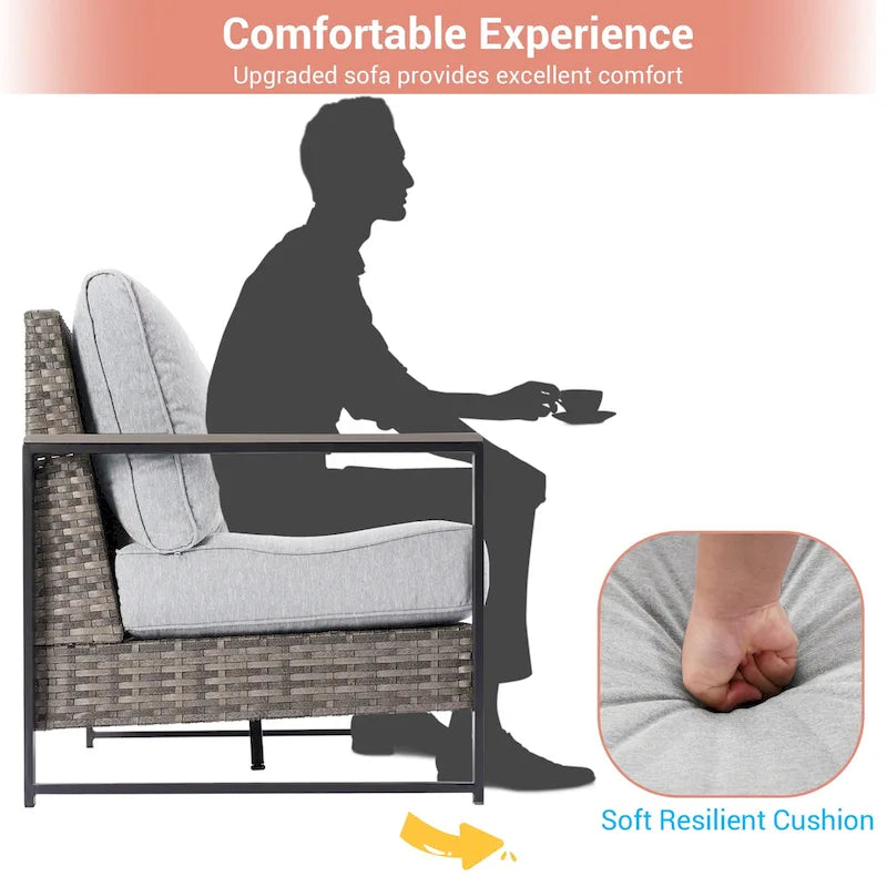 Set da Patio in Rattan per Esterni da 7 Pezzi con Divano a 3 Posti, Cuscini Spessi, Tavolino da Caffè e Telaio Robusto