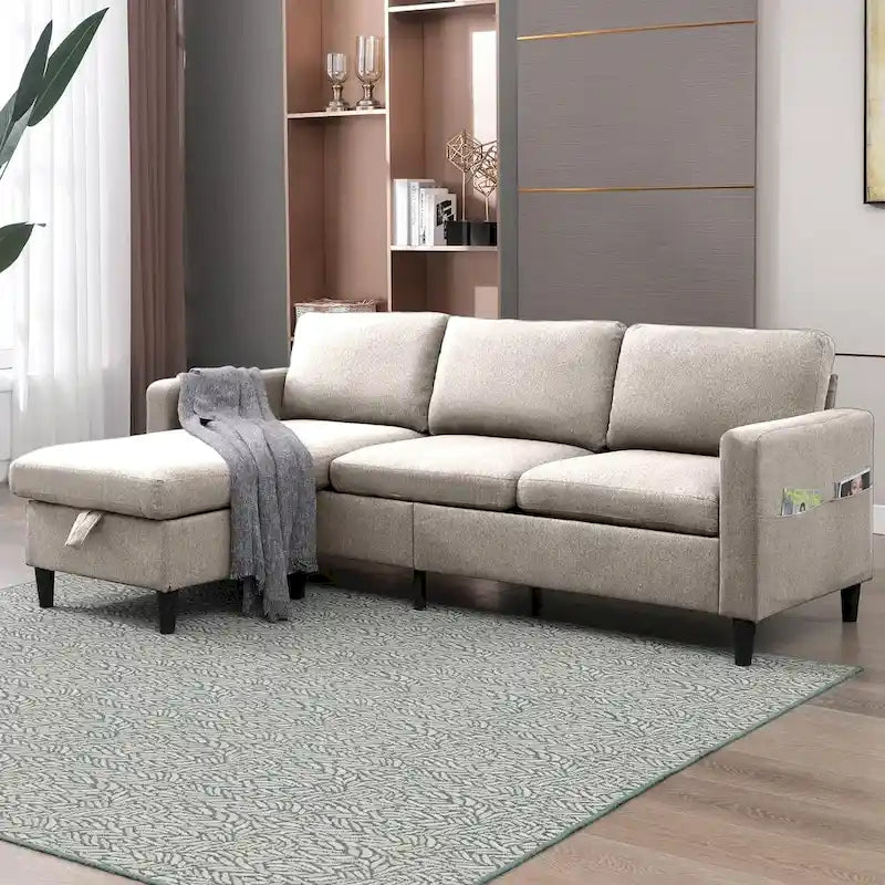 Divano componibile a L convertibile Mixoy a 3 posti con pouf contenitore, chaise longue reversibile - 218 cm x 71 cm x 78 cm