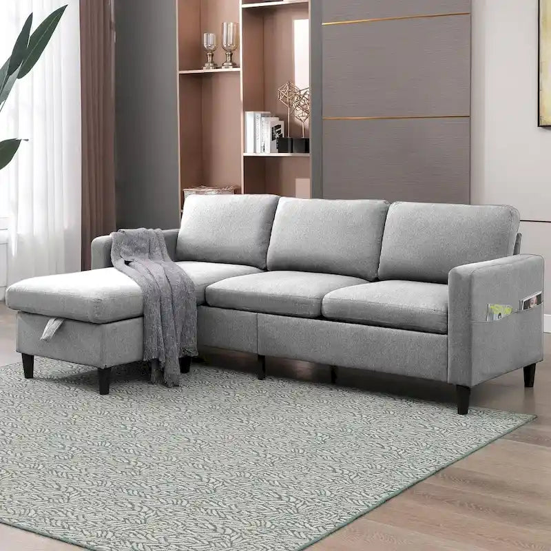 Divano componibile a L convertibile Mixoy a 3 posti con pouf contenitore, chaise longue reversibile - 218 cm x 71 cm x 78 cm