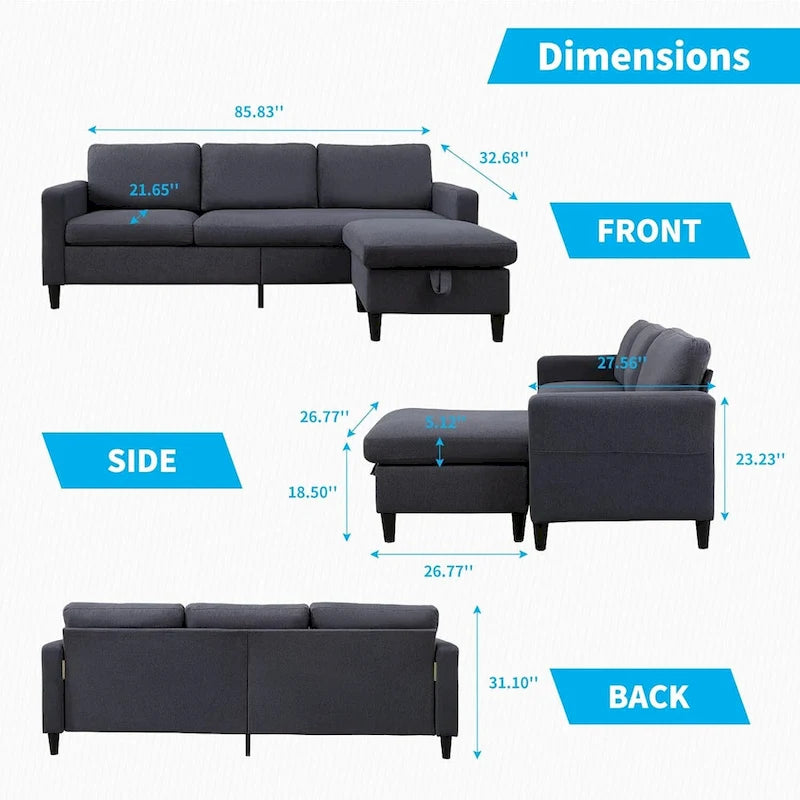 Divano componibile a L convertibile Mixoy a 3 posti con pouf contenitore, chaise longue reversibile - 218 cm x 71 cm x 78 cm