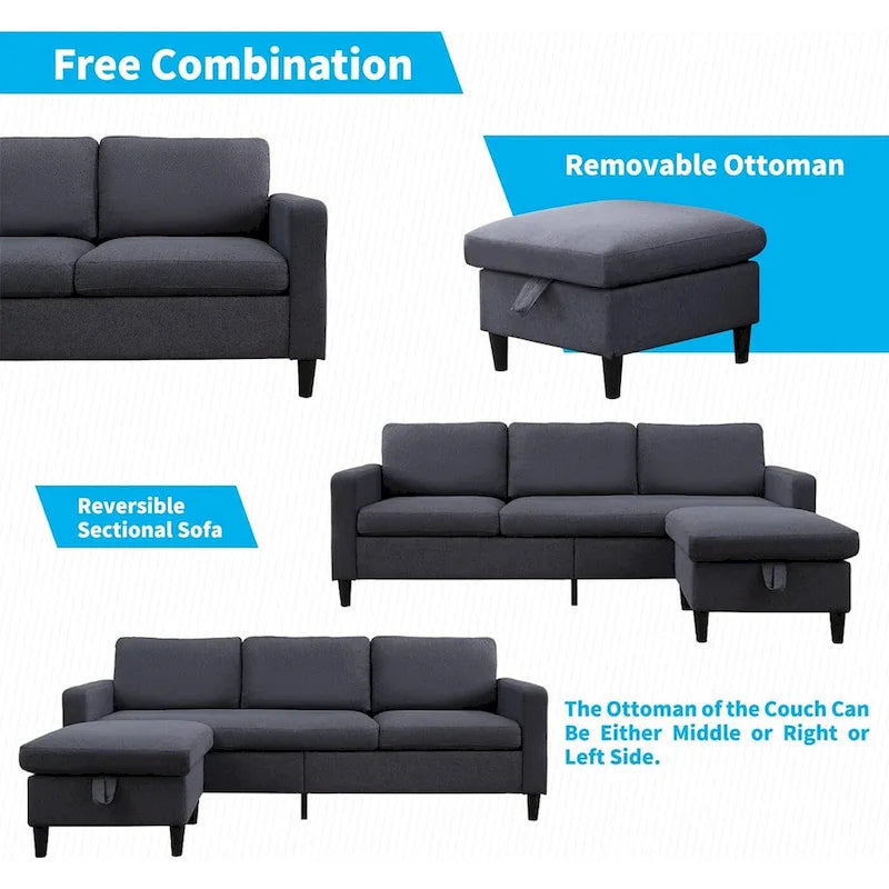 Divano componibile a L convertibile Mixoy a 3 posti con pouf contenitore, chaise longue reversibile - 218 cm x 71 cm x 78 cm
