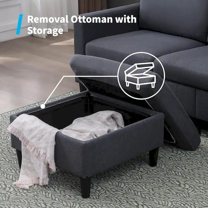 Divano componibile a L convertibile Mixoy a 3 posti con pouf contenitore, chaise longue reversibile - 218 cm x 71 cm x 78 cm