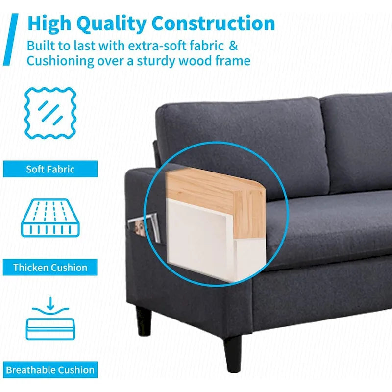 Divano componibile a L convertibile Mixoy a 3 posti con pouf contenitore, chaise longue reversibile - 218 cm x 71 cm x 78 cm